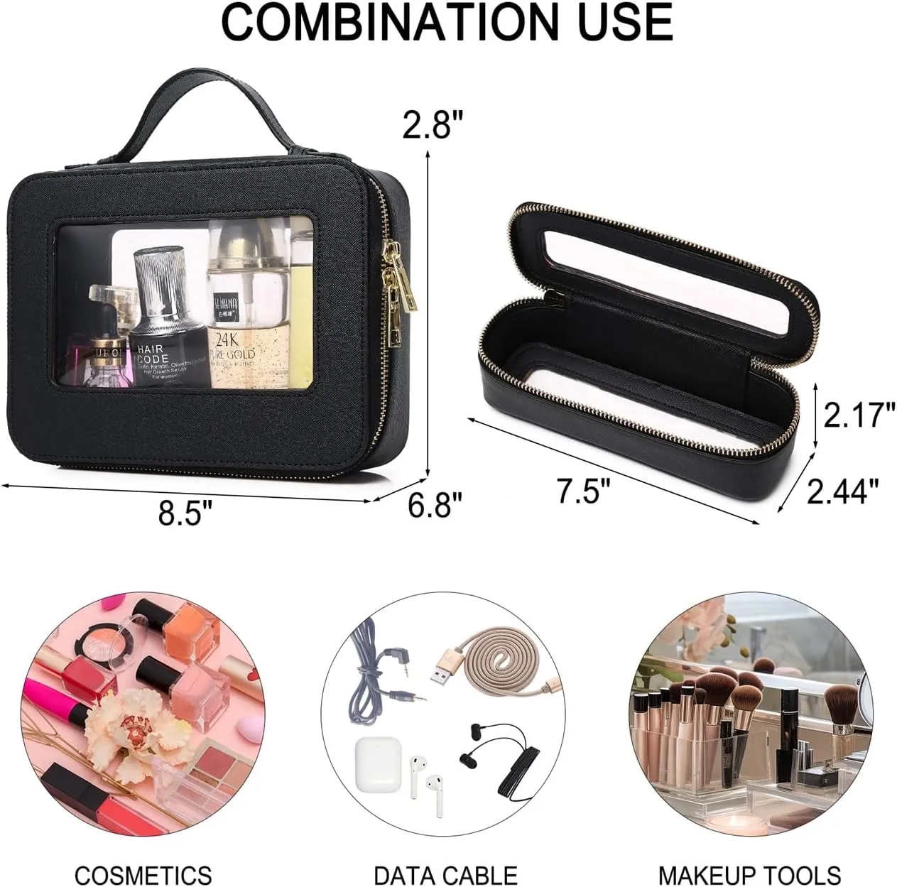 Clear Makeup Bag for Women Waterproof Travel Makeup Case Portable Cosmetic Case Toiletry Bag Car Organizer with Zipper (Black, L)