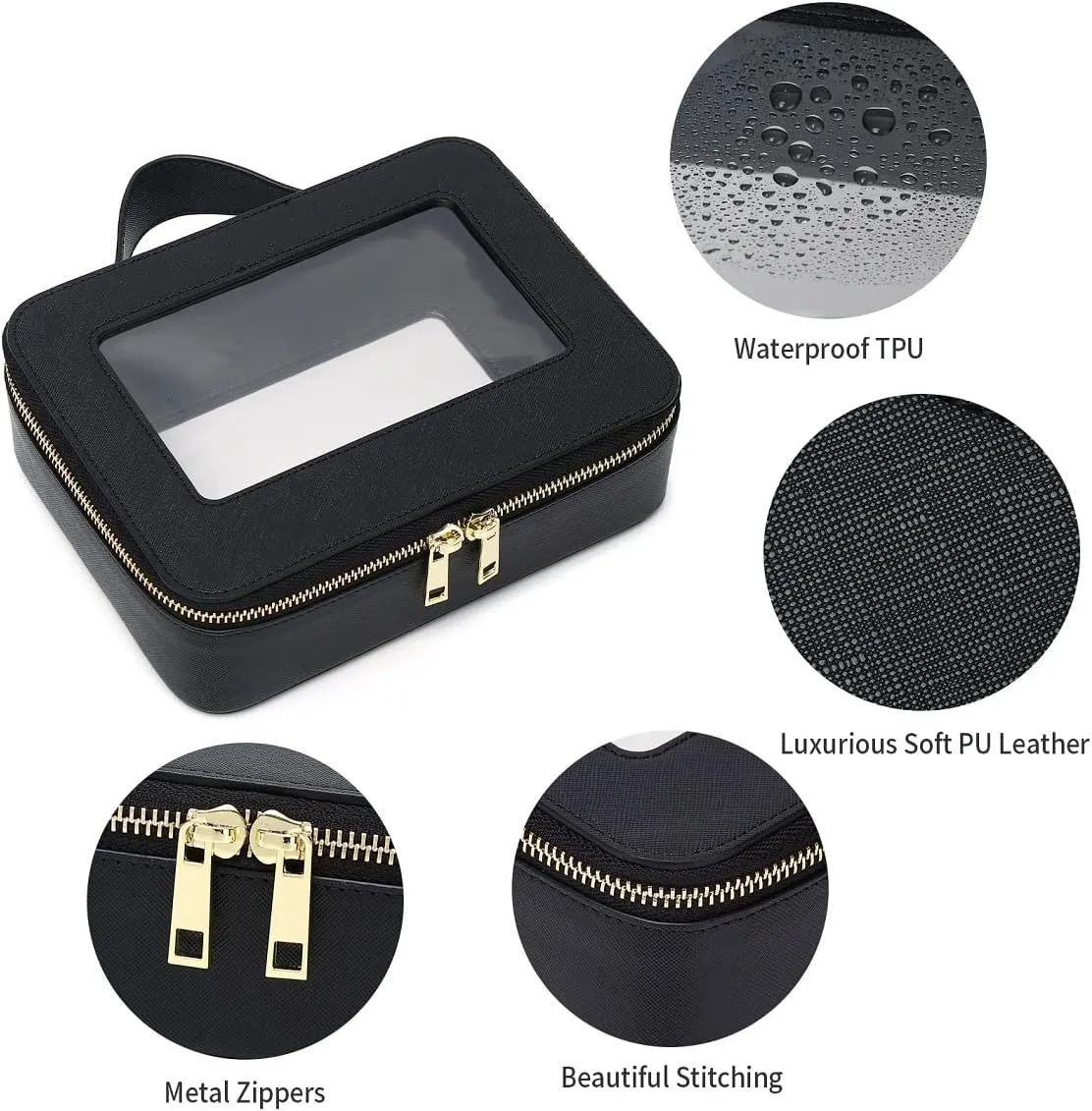 Clear Makeup Bag for Women Waterproof Travel Makeup Case Portable Cosmetic Case Toiletry Bag Car Organizer with Zipper (Black, L)