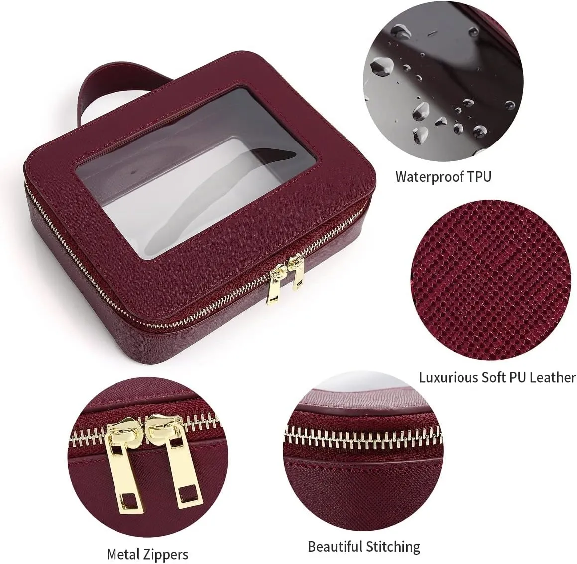 Clear Makeup Bag for Women Waterproof Travel Makeup Case Portable Cosmetic Case Toiletry Bag Car Organizer with Zipper (X/Burgundy, L)