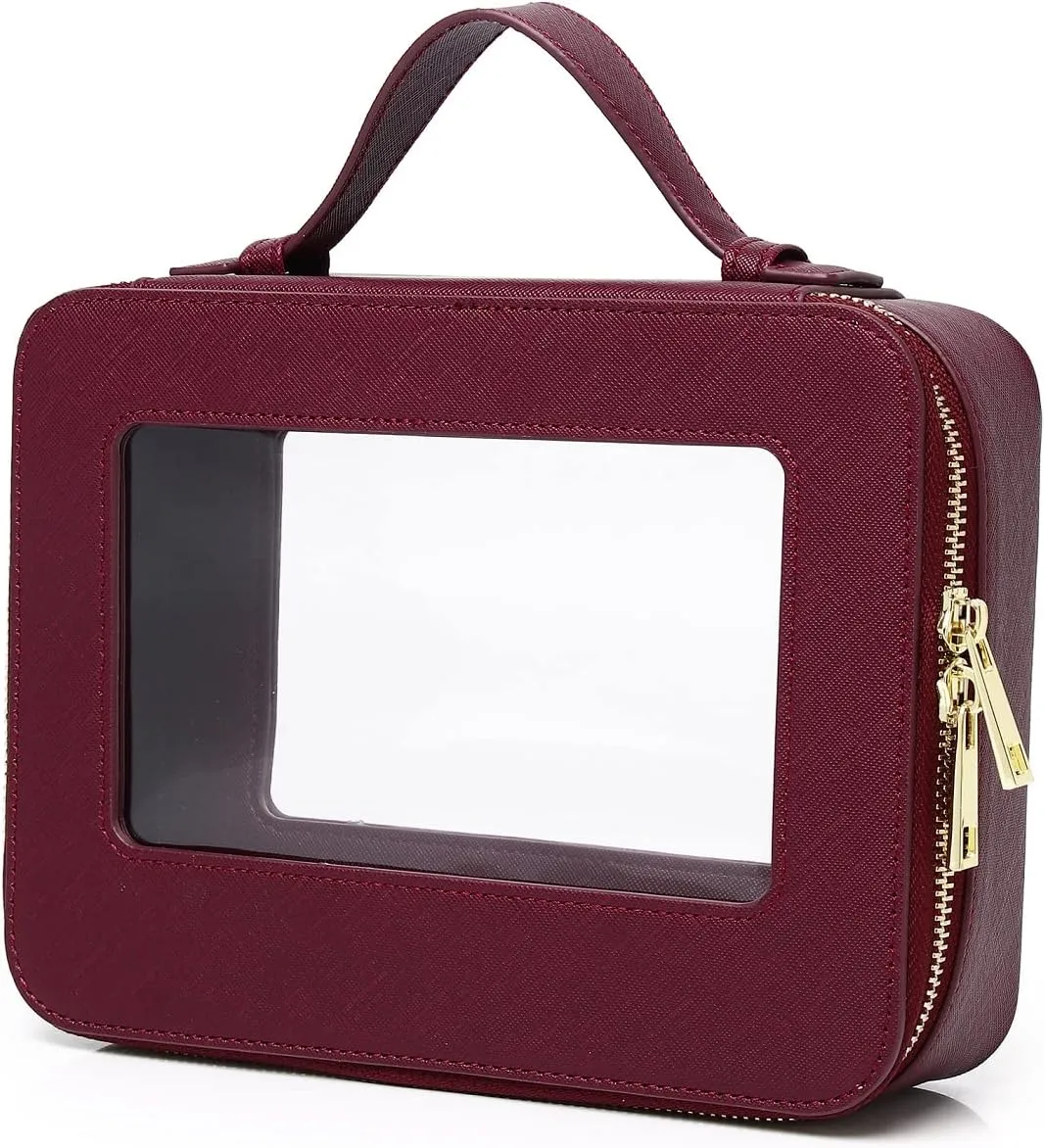 Clear Makeup Bag for Women Waterproof Travel Makeup Case Portable Cosmetic Case Toiletry Bag Car Organizer with Zipper (X/Burgundy, L)