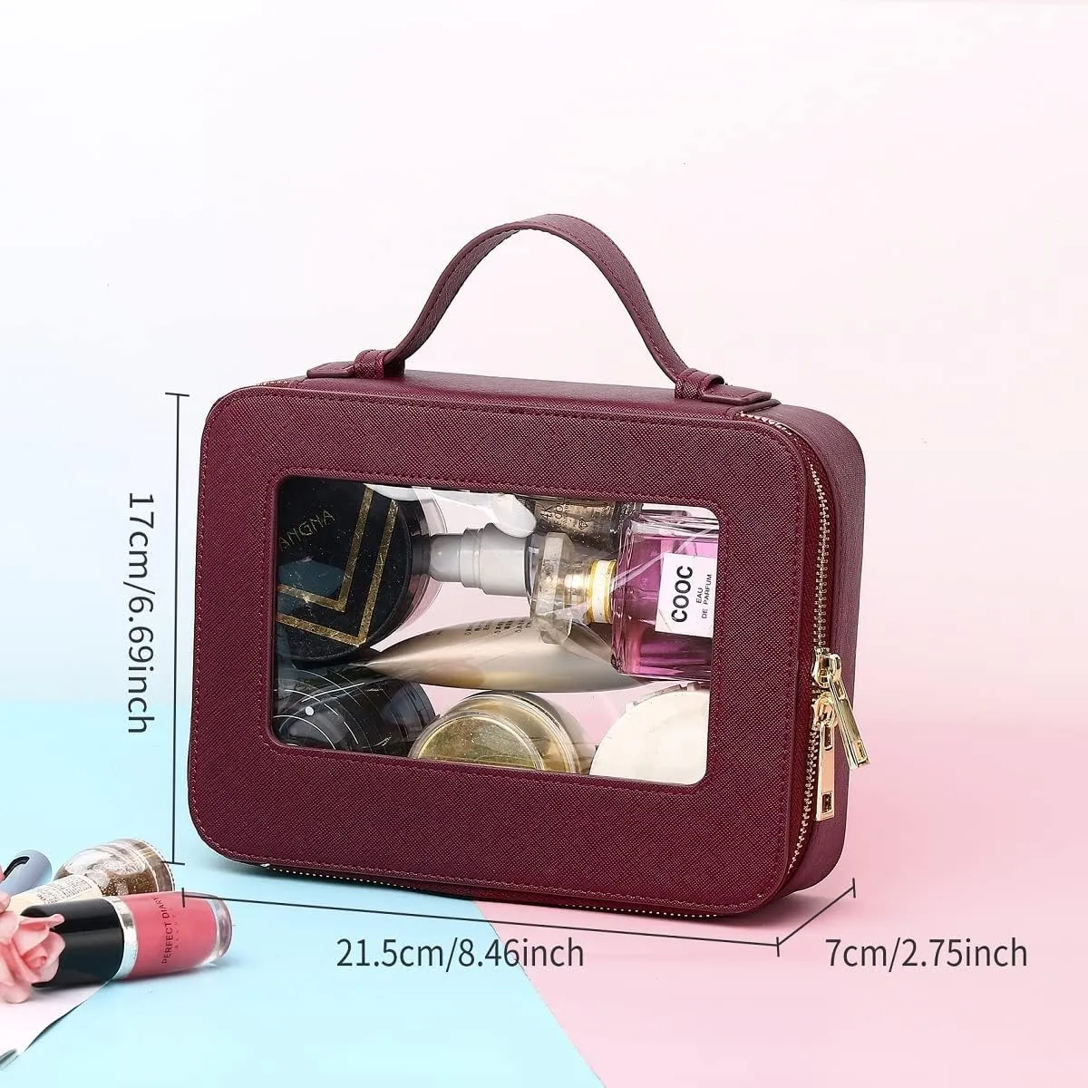 Clear Makeup Bag for Women Waterproof Travel Makeup Case Portable Cosmetic Case Toiletry Bag Car Organizer with Zipper (X/Burgundy, L)