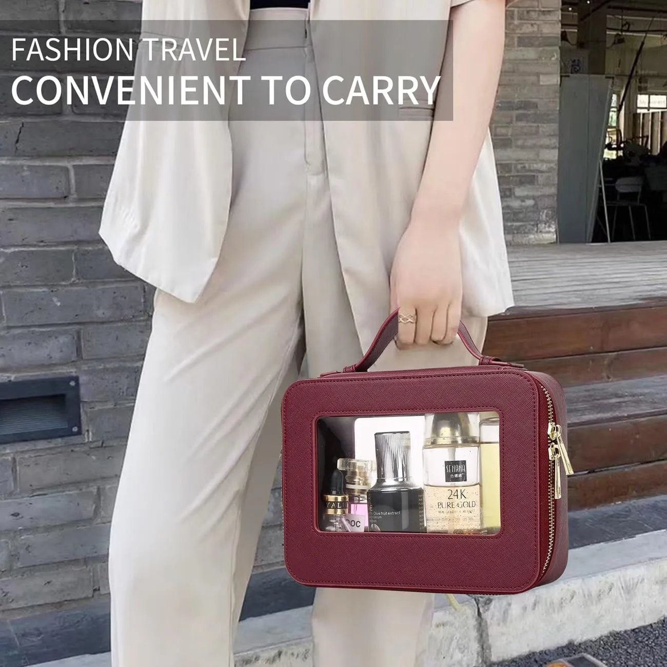 Clear Makeup Bag for Women Waterproof Travel Makeup Case Portable Cosmetic Case Toiletry Bag Car Organizer with Zipper (X/Burgundy, L)