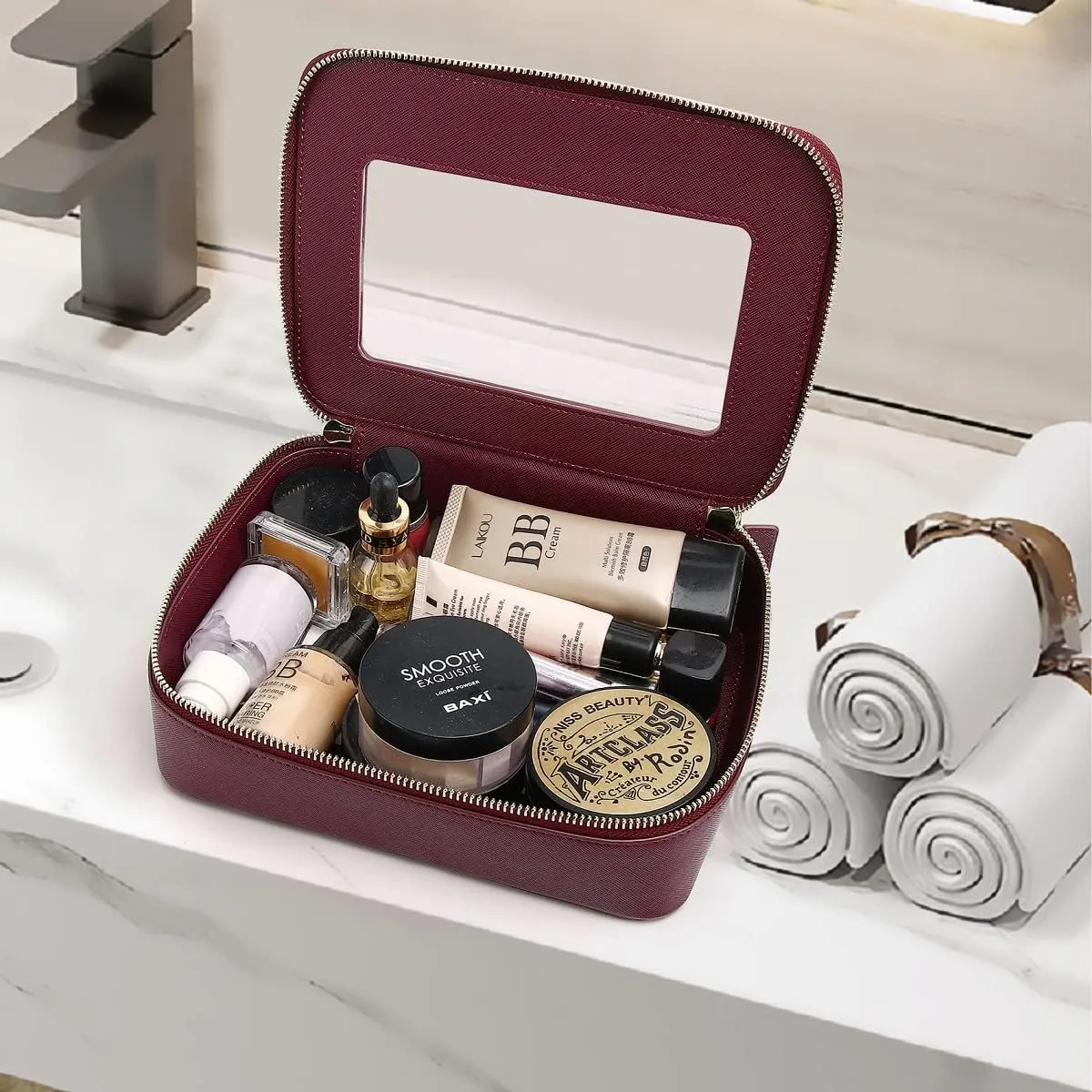 Clear Makeup Bag for Women Waterproof Travel Makeup Case Portable Cosmetic Case Toiletry Bag Car Organizer with Zipper (X/Burgundy, L)