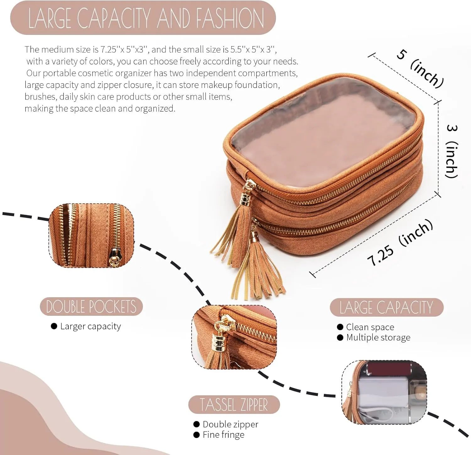 Clear Makeup Bag Organizer for Women, Double Sided Cosmetic Travel Bag with Dual Zippers,PU Leather Waterproof Travel Toiletry Bag Portable Make up Pouch for Home Office (Brown, Medium)