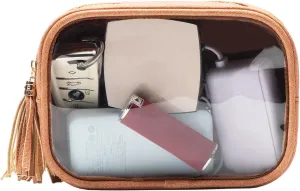 Clear Makeup Bag Organizer for Women, Double Sided Cosmetic Travel Bag with Dual Zippers,PU Leather Waterproof Travel Toiletry Bag Portable Make up Pouch for Home Office (Brown, Medium)
