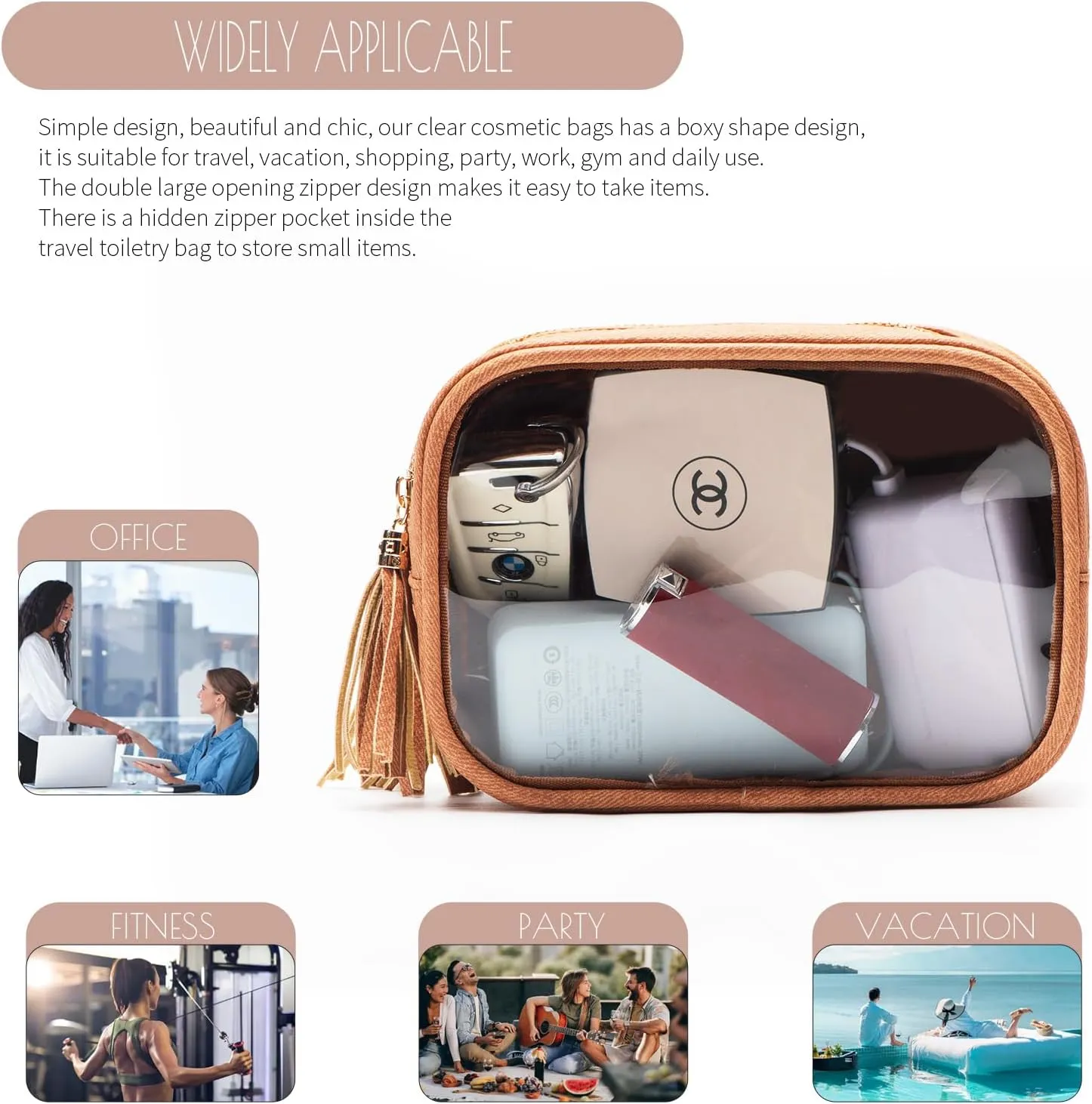 Clear Makeup Bag Organizer for Women, Double Sided Cosmetic Travel Bag with Dual Zippers,PU Leather Waterproof Travel Toiletry Bag Portable Make up Pouch for Home Office (Brown, Medium)