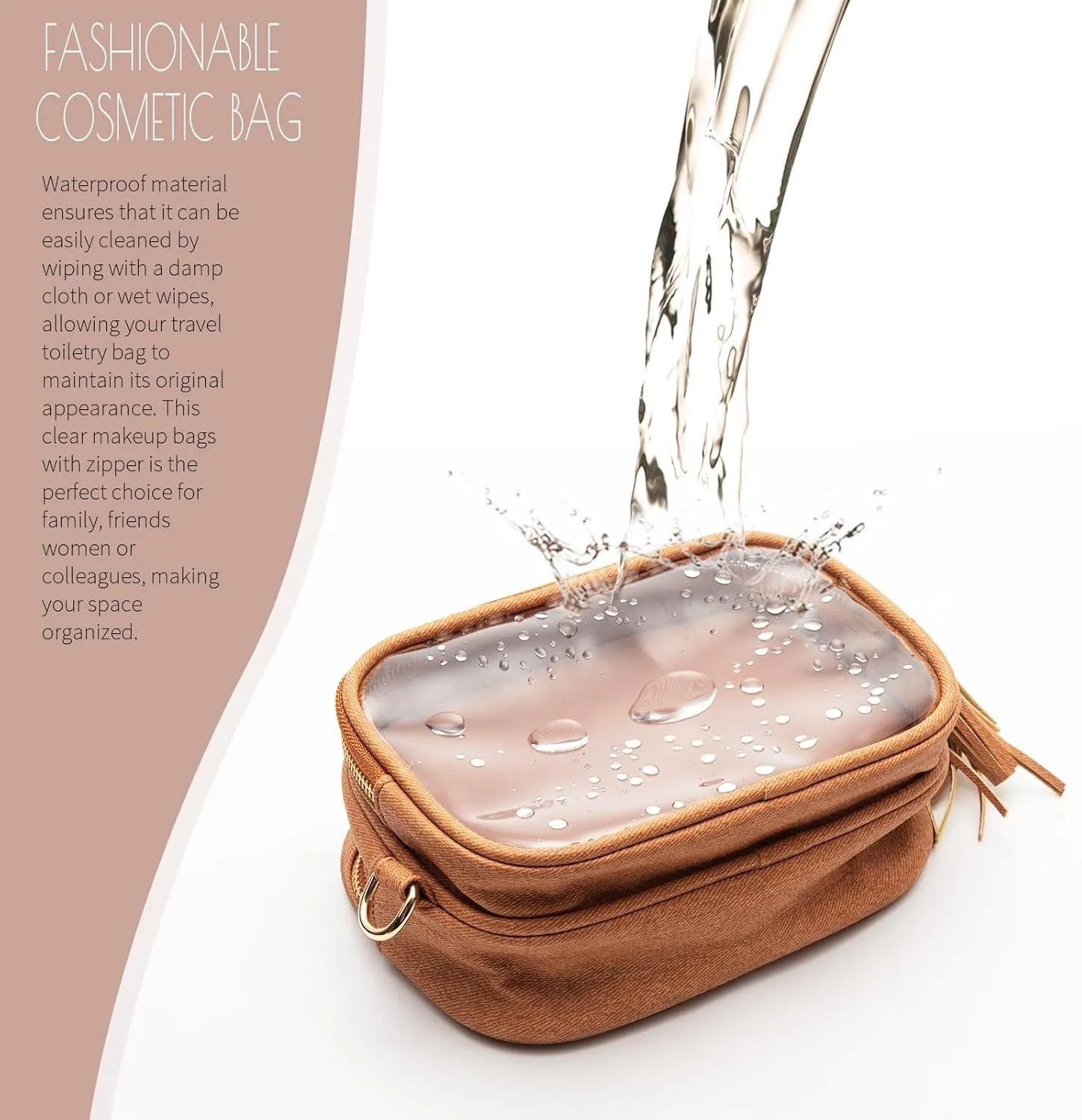 Clear Makeup Bag Organizer for Women, Double Sided Cosmetic Travel Bag with Dual Zippers,PU Leather Waterproof Travel Toiletry Bag Portable Make up Pouch for Home Office (Brown, Medium)