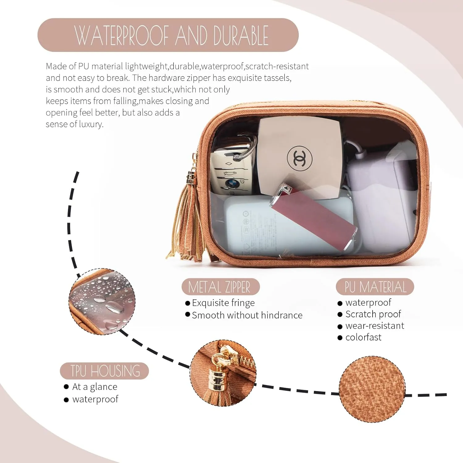 Clear Makeup Bag Organizer for Women, Double Sided Cosmetic Travel Bag with Dual Zippers,PU Leather Waterproof Travel Toiletry Bag Portable Make up Pouch for Home Office (Brown, Medium)
