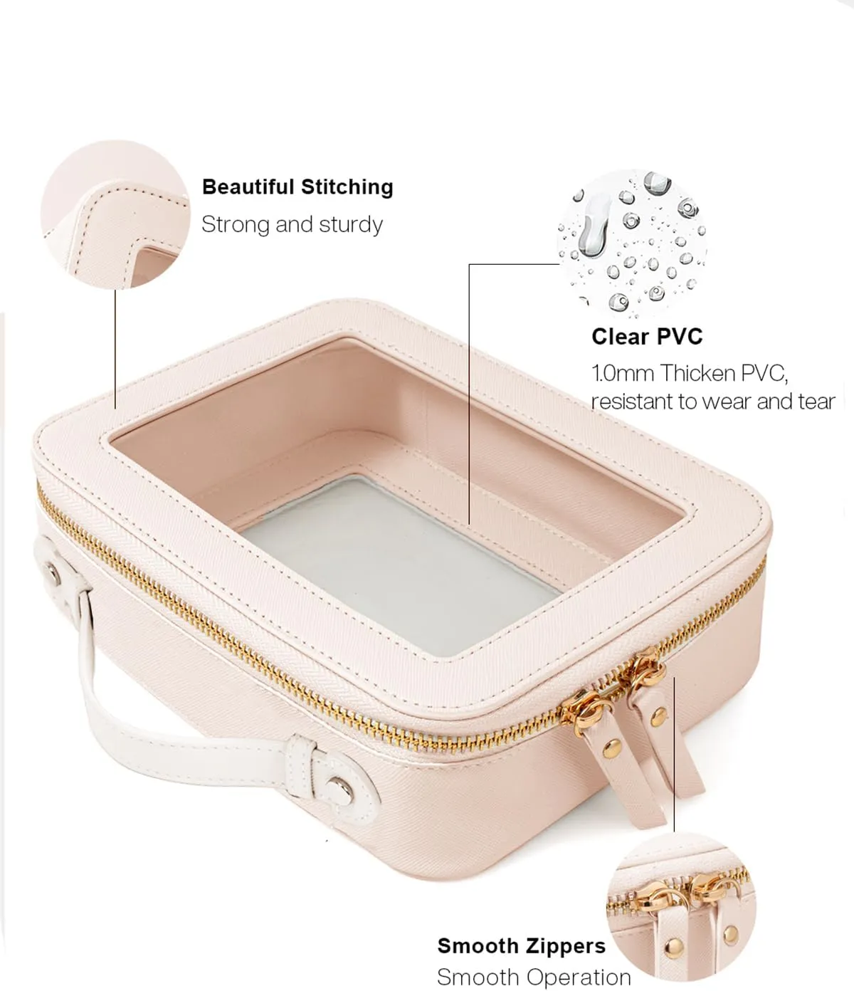 Clear Makeup Bag Organizer, TSA Approved Portable Travel Toiletry Bag Multipurpose Cosmetic Bag Case for Women Vegan Leather Make Up Pouch Transparent Vinyl Windows