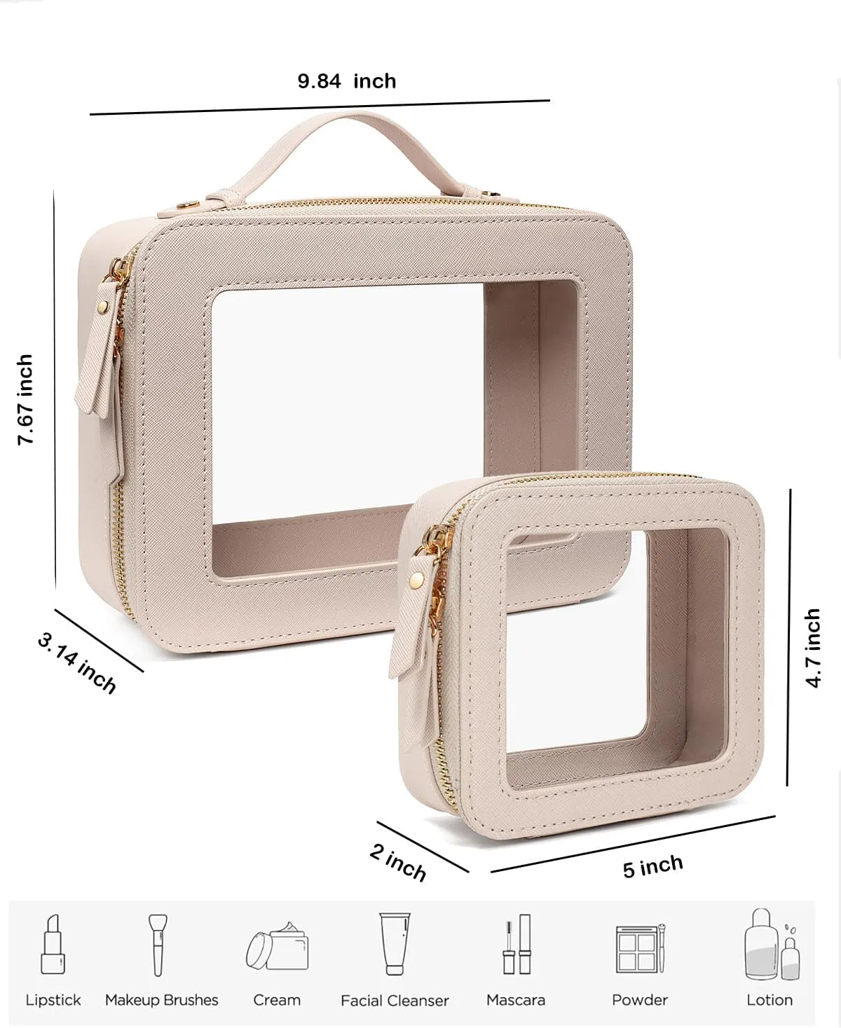 Clear Makeup Bag Organizer, TSA Approved Portable Travel Toiletry Bag Multipurpose Cosmetic Bag Case for Women Vegan Leather Make Up Pouch Transparent Vinyl Windows