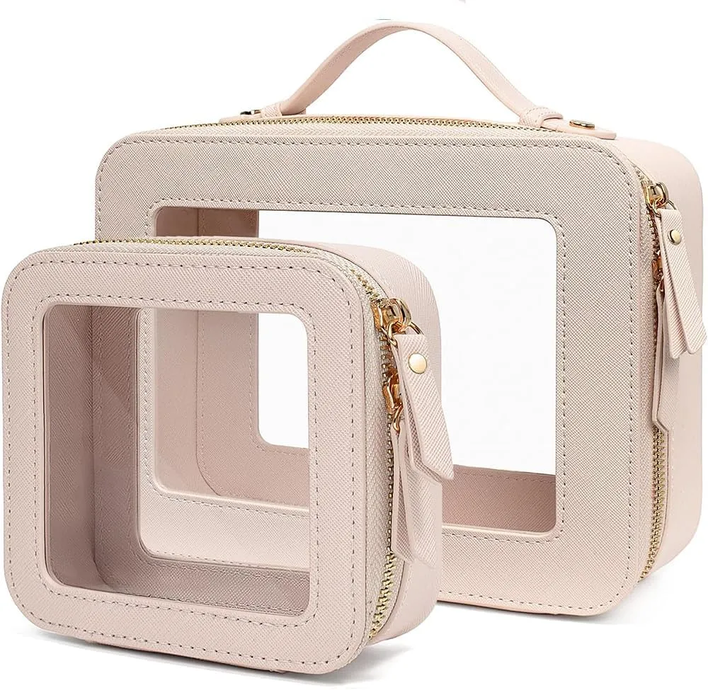 Clear Makeup Bag Organizer, TSA Approved Portable Travel Toiletry Bag Multipurpose Cosmetic Bag Case for Women Vegan Leather Make Up Pouch Transparent Vinyl Windows