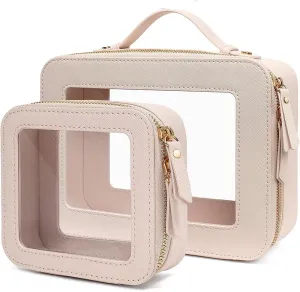 Clear Makeup Bag Organizer, TSA Approved Portable Travel Toiletry Bag Multipurpose Cosmetic Bag Case for Women Vegan Leather Make Up Pouch Transparent Vinyl Windows