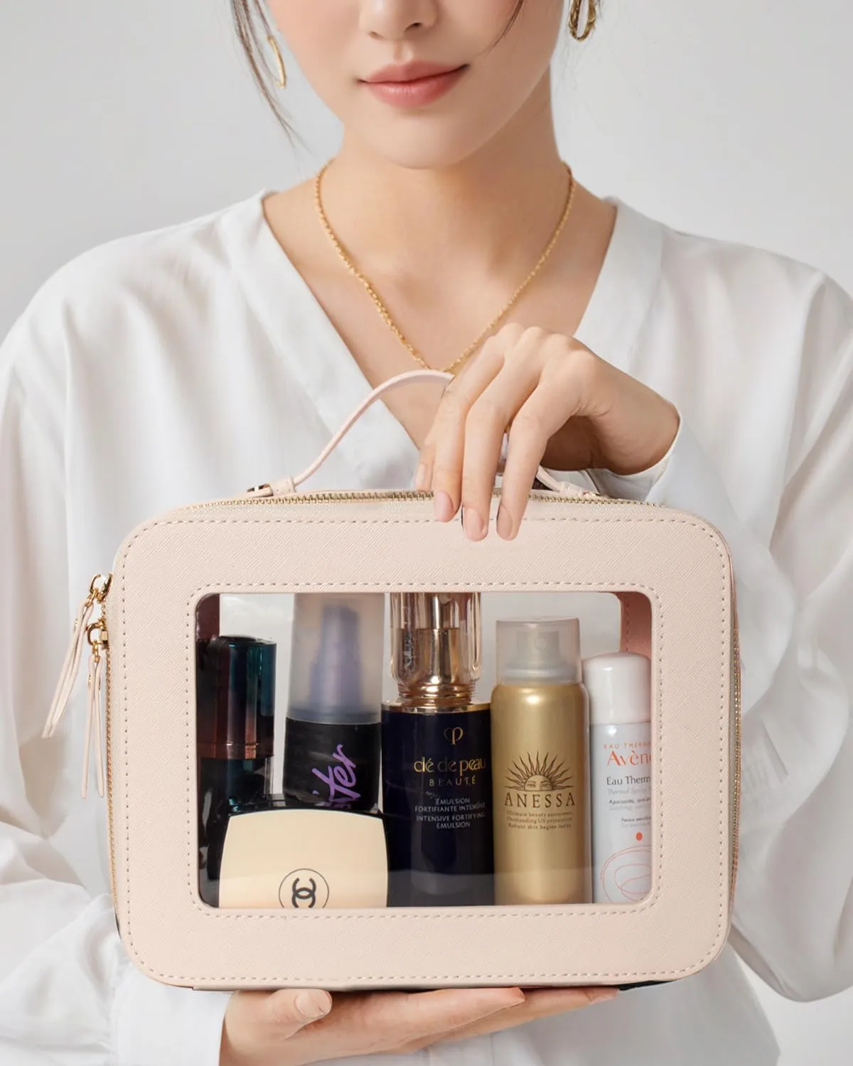 Clear Makeup Bag Organizer, TSA Approved Portable Travel Toiletry Bag Multipurpose Cosmetic Bag Case for Women Vegan Leather Make Up Pouch Transparent Vinyl Windows