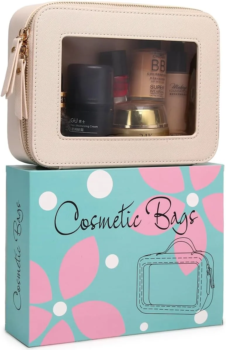Clear Makeup Bag Transparent Travel Case for Cosmetics and Toiletries Women's Brush Bag and Clear Car Bag with Zipper (Beige, M )