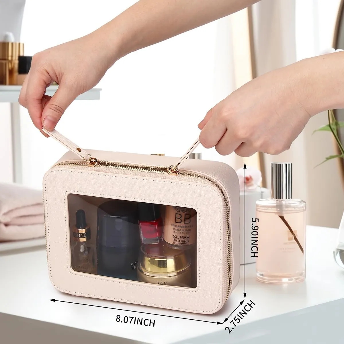 Clear Makeup Bag Transparent Travel Case for Cosmetics and Toiletries Women's Brush Bag and Clear Car Bag with Zipper (Beige, M )