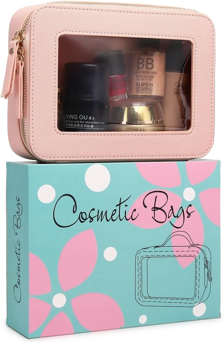 Clear Makeup Bag Transparent Travel Case for Cosmetics and Toiletries Women's Brush Bag and Clear Car Bag with Zipper (Pink, M )
