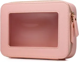 Clear Makeup Bag Transparent Travel Case for Cosmetics and Toiletries Women's Brush Bag and Clear Car Bag with Zipper (Pink, M )