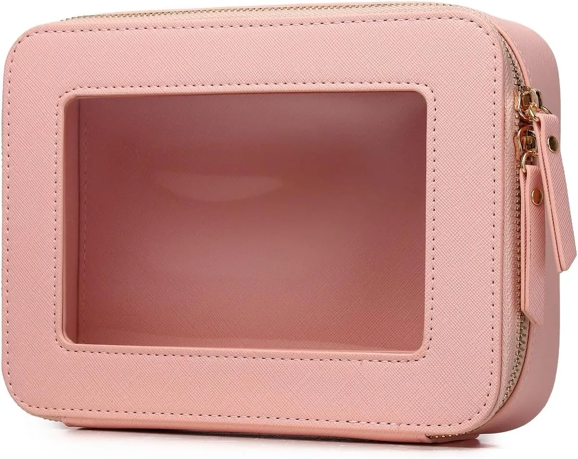 Clear Makeup Bag Transparent Travel Case for Cosmetics and Toiletries Women's Brush Bag and Clear Car Bag with Zipper (Pink, M )