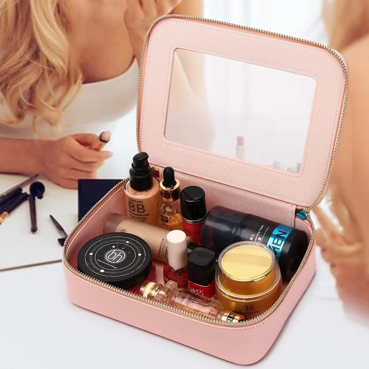 Clear Makeup Bag Transparent Travel Case for Cosmetics and Toiletries Women's Brush Bag and Clear Car Bag with Zipper (Pink, M )