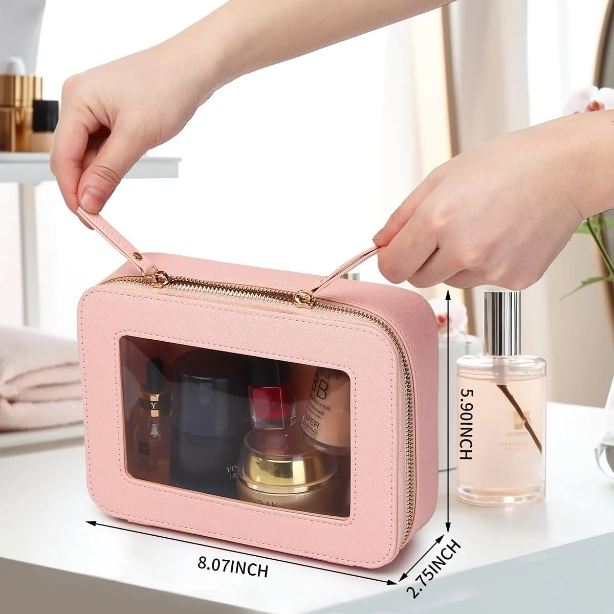 Clear Makeup Bag Transparent Travel Case for Cosmetics and Toiletries Women's Brush Bag and Clear Car Bag with Zipper (Pink, M )
