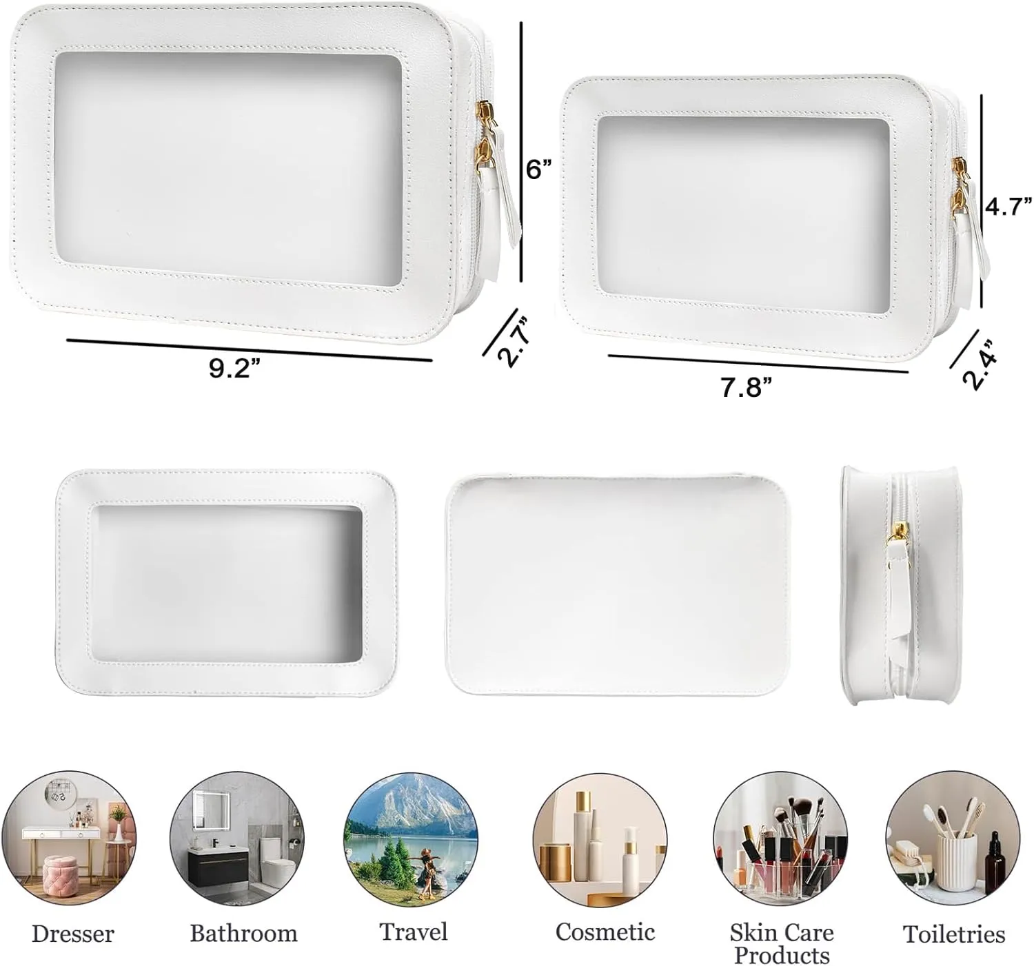 Clear Makeup Bag, Travel Toiletry Bag with Zipper, Clear Cosmetic Organizer Fit Carry-on Travel Essentials,Clear Cosmetic Bags for Women Men Multipurpose Portable Cosmetic Organizer (WHITE 2 pack)