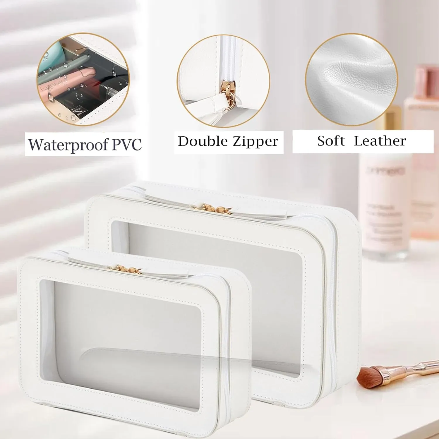 Clear Makeup Bag, Travel Toiletry Bag with Zipper, Clear Cosmetic Organizer Fit Carry-on Travel Essentials,Clear Cosmetic Bags for Women Men Multipurpose Portable Cosmetic Organizer (WHITE 2 pack)