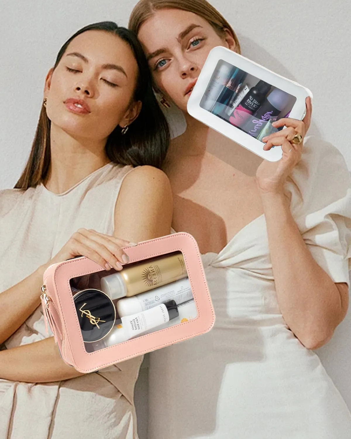 Clear Makeup Bag, Travel Toiletry Bag With Zipper, Cosmetic Organizer Fit Carry-on Essentials, Multipurpose Portable Bags for Women Men (Pink 2 Pack)