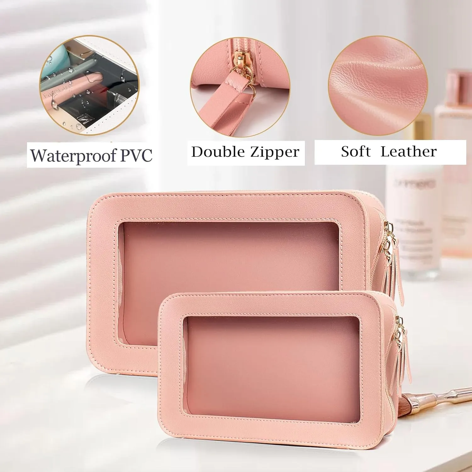 Clear Makeup Bag, Travel Toiletry Bag With Zipper, Cosmetic Organizer Fit Carry-on Essentials, Multipurpose Portable Bags for Women Men (Pink 2 Pack)