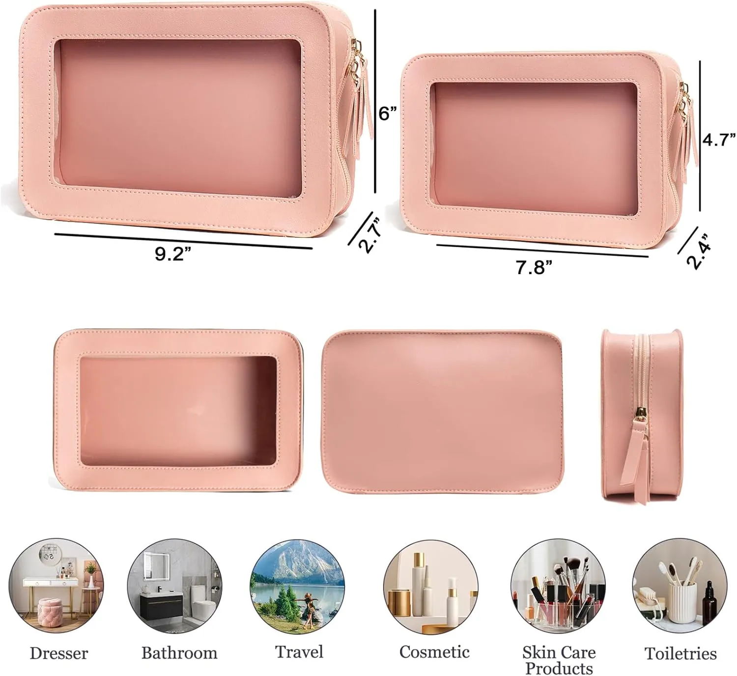 Clear Makeup Bag, Travel Toiletry Bag With Zipper, Cosmetic Organizer Fit Carry-on Essentials, Multipurpose Portable Bags for Women Men (Pink 2 Pack)