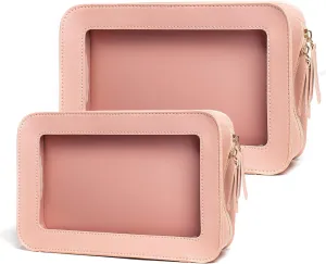 Clear Makeup Bag, Travel Toiletry Bag With Zipper, Cosmetic Organizer Fit Carry-on Essentials, Multipurpose Portable Bags for Women Men (Pink 2 Pack)