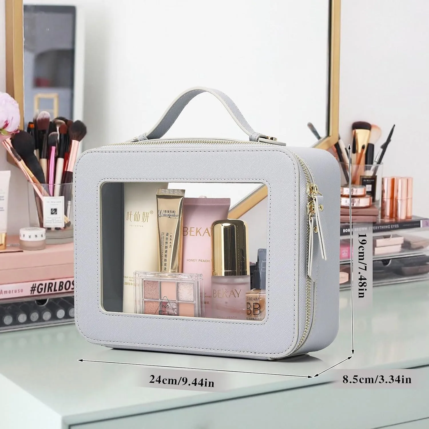 Clear Makeup Bag Waterproof Travel Case for Cosmetics and Toiletries Women's Makeup Organizer and Car Bag with Zipper (Gray, L-1)