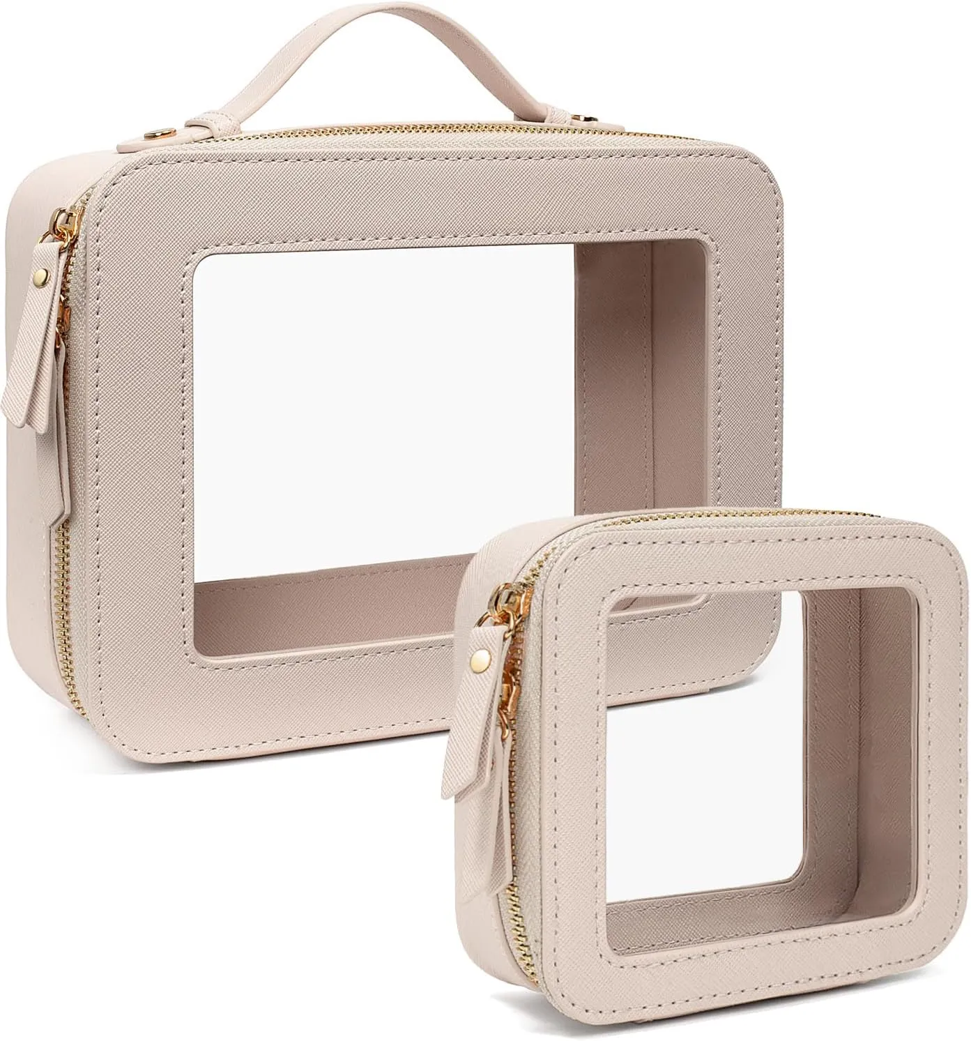 Clear Makeup Bags TSA Approved Toiletry Bag Handle Large Opening,Clear Toiletry Bags for Carry-on Traveling Travel Car Accessories Essentials Organziation Storage Women Girls(Off White, Mini&Large)