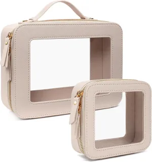 Clear Makeup Bags TSA Approved Toiletry Bag Handle Large Opening,Clear Toiletry Bags for Carry-on Traveling Travel Car Accessories Essentials Organziation Storage Women Girls(Off White, Mini&Large)