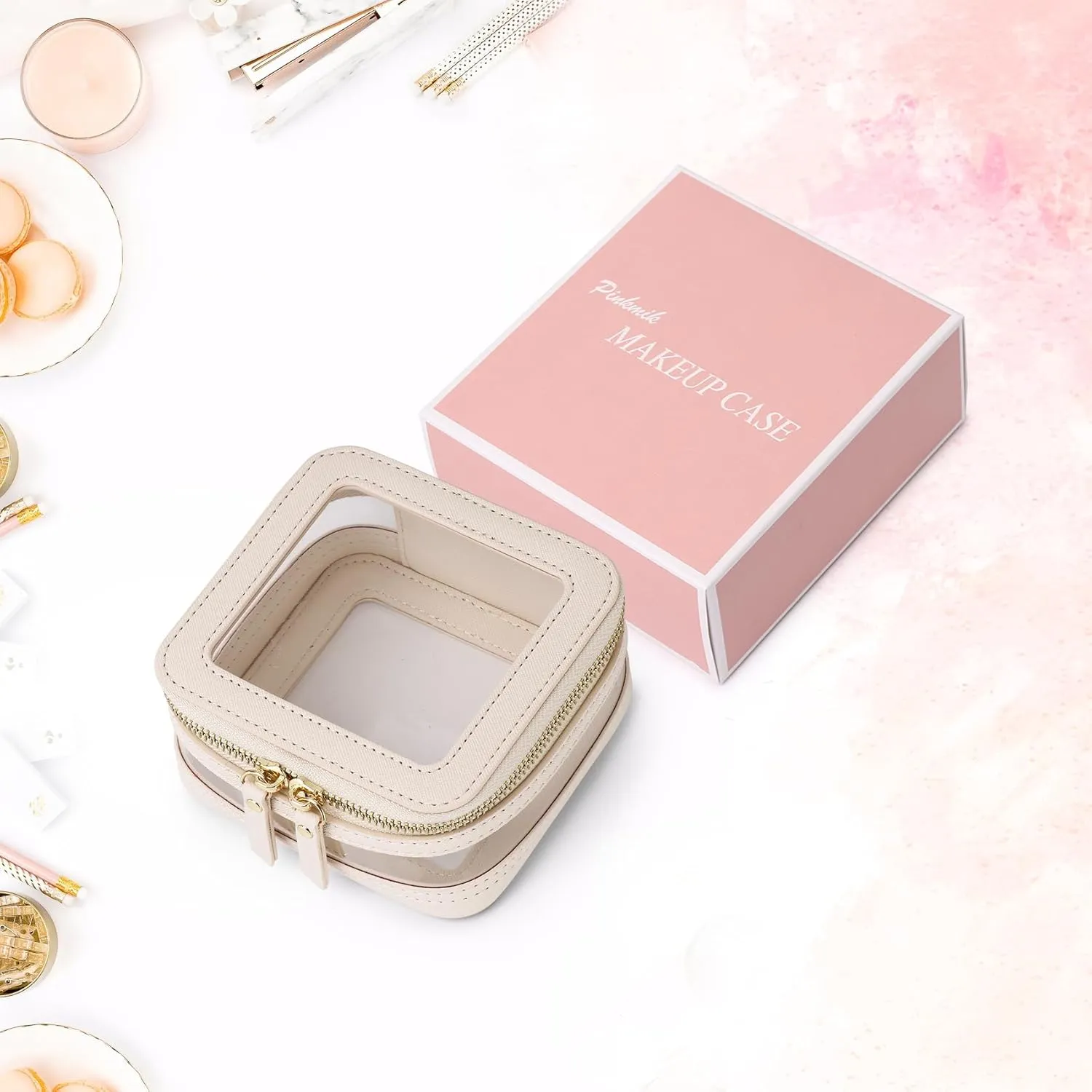 Clear Small Makeup Bag Mini Cosmetic Makeup Case & Toiletry Bag with Zipper,Cute Purse Organizer,Car Essentials for Women (Beige, MINI-2)