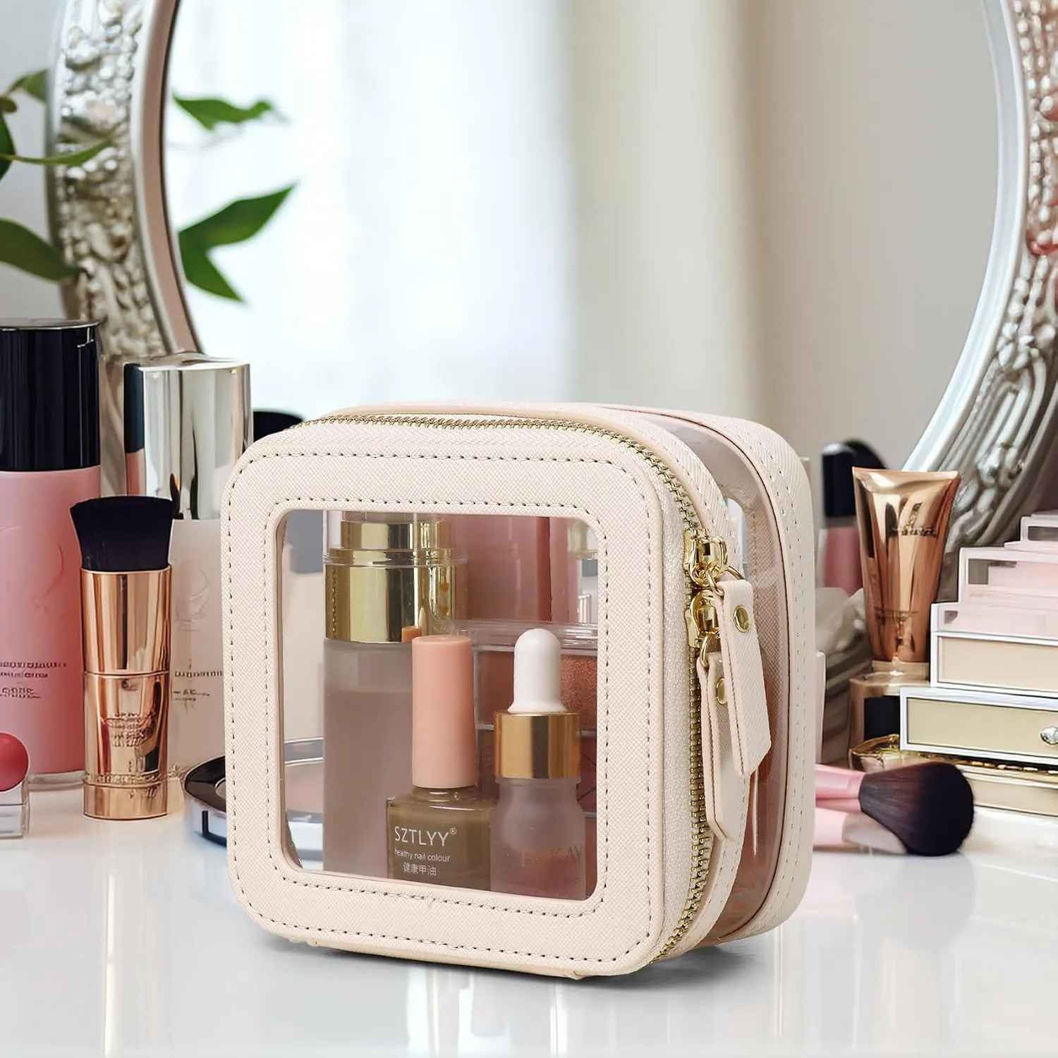 Clear Small Makeup Bag Mini Cosmetic Makeup Case & Toiletry Bag with Zipper,Cute Purse Organizer,Car Essentials for Women (Beige, MINI-2)