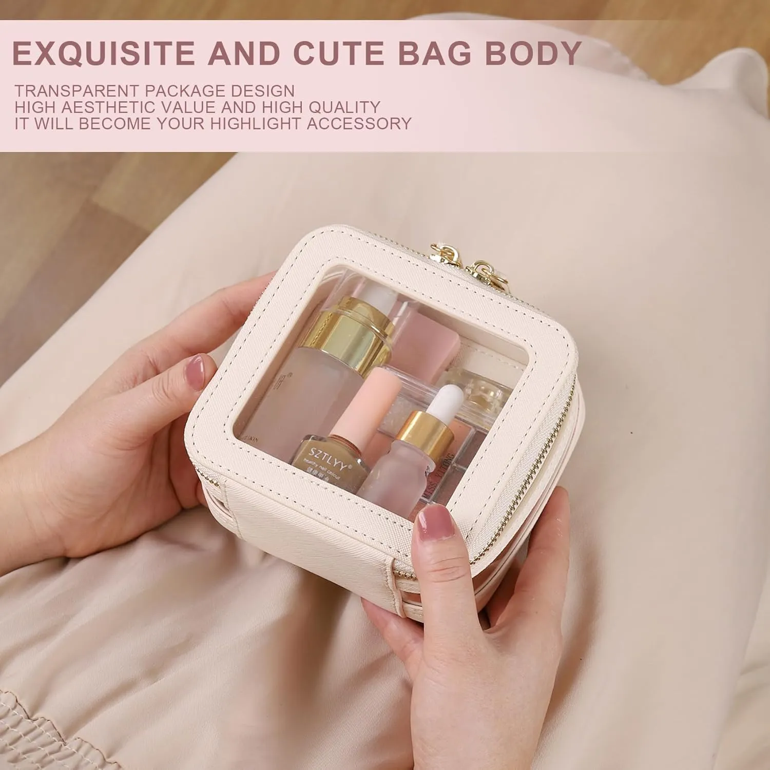 Clear Small Makeup Bag Mini Cosmetic Makeup Case & Toiletry Bag with Zipper,Cute Purse Organizer,Car Essentials for Women (Beige, MINI-2)