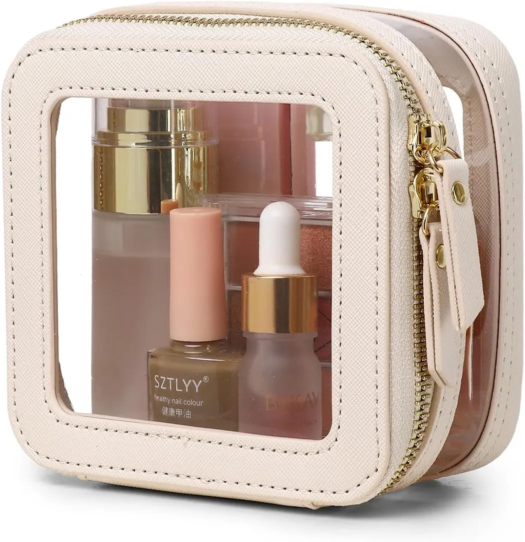 Clear Small Makeup Bag Mini Cosmetic Makeup Case & Toiletry Bag with Zipper,Cute Purse Organizer,Car Essentials for Women (Beige, MINI-2)
