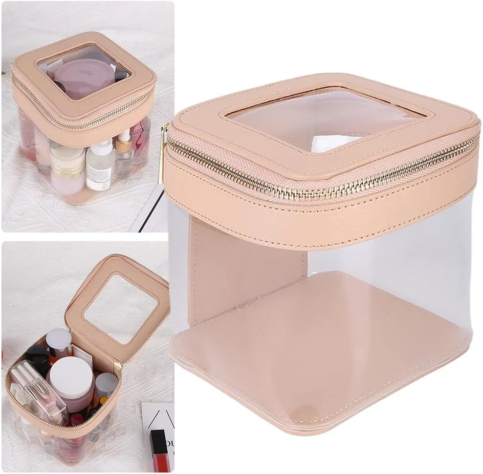 Clear Travel Makeup Bag for Women, Mini Makeup Bag Cosmetic Bag Travel Clear Makeup Pouch Case Organizer Transparent Storage Bag with Handle for Home Business Trip