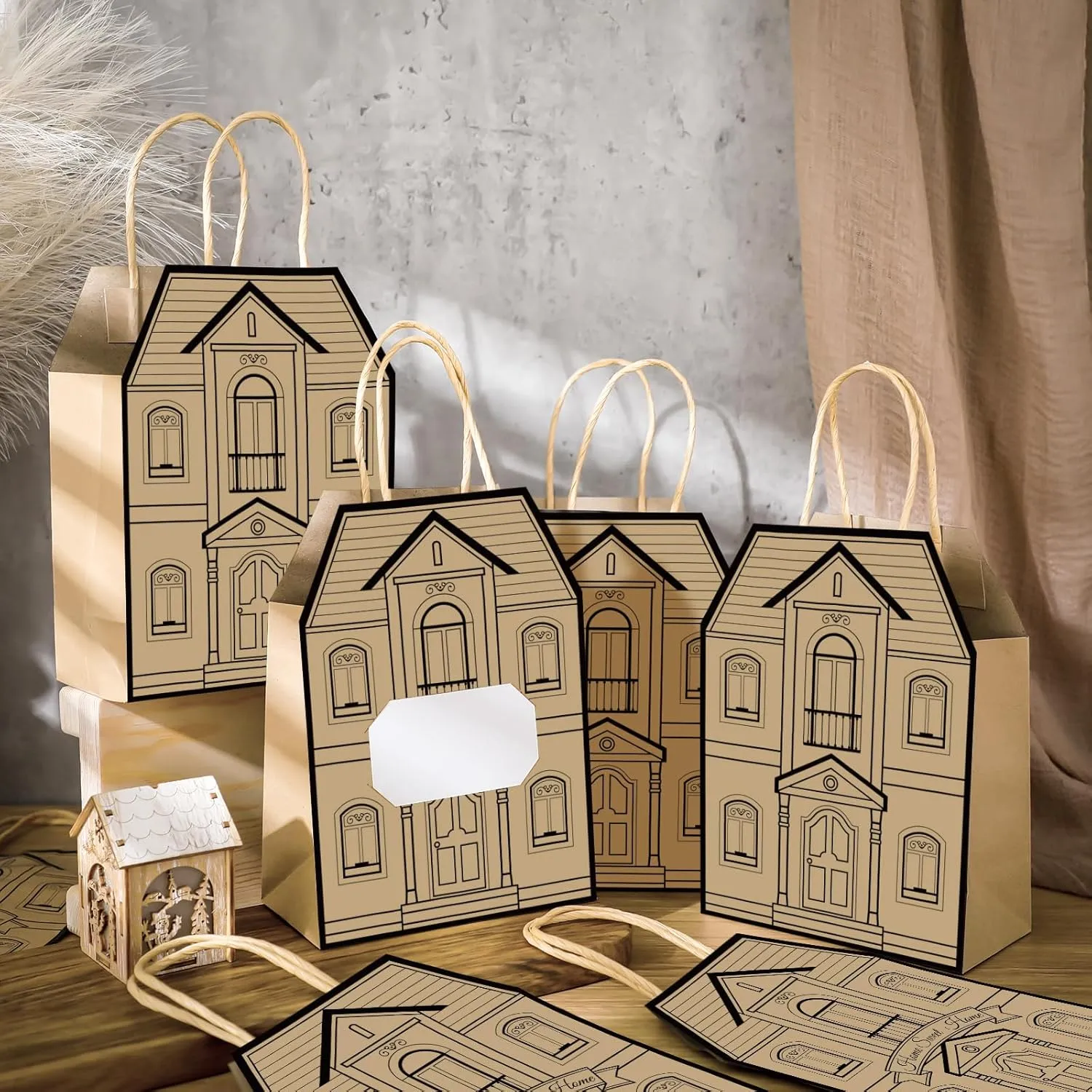 Colarr 50 Pcs Real Estate Agent Supplies House Shaped Gift Bag 5.25 x 3.25 x 8.25 Inch Real Estate Bag with Handles Kraft for Home Gift(Brown)