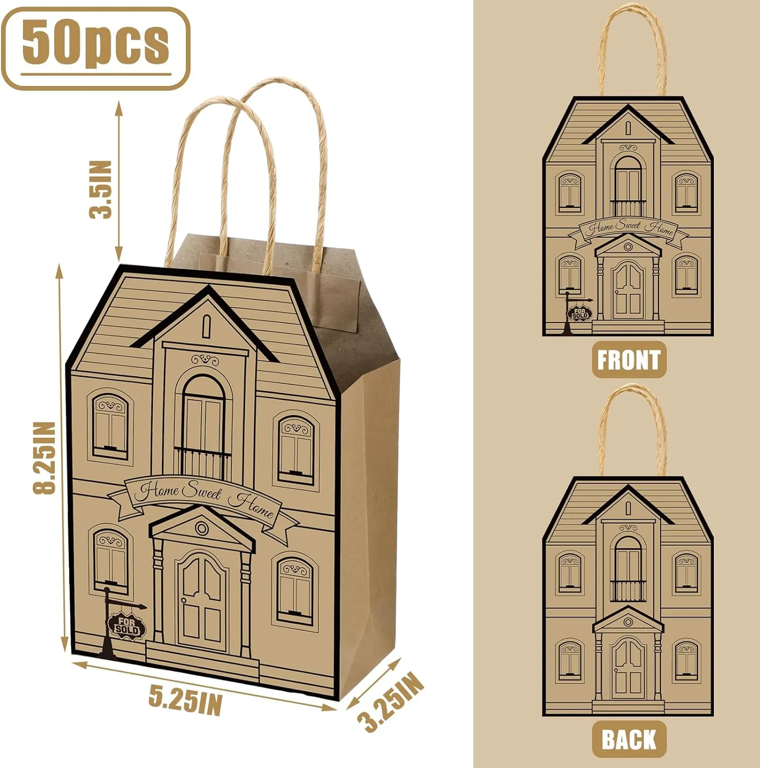 Colarr 50 Pcs Real Estate Agent Supplies House Shaped Gift Bag 5.25 x 3.25 x 8.25 Inch Real Estate Bag with Handles Kraft for Home Gift(Brown)