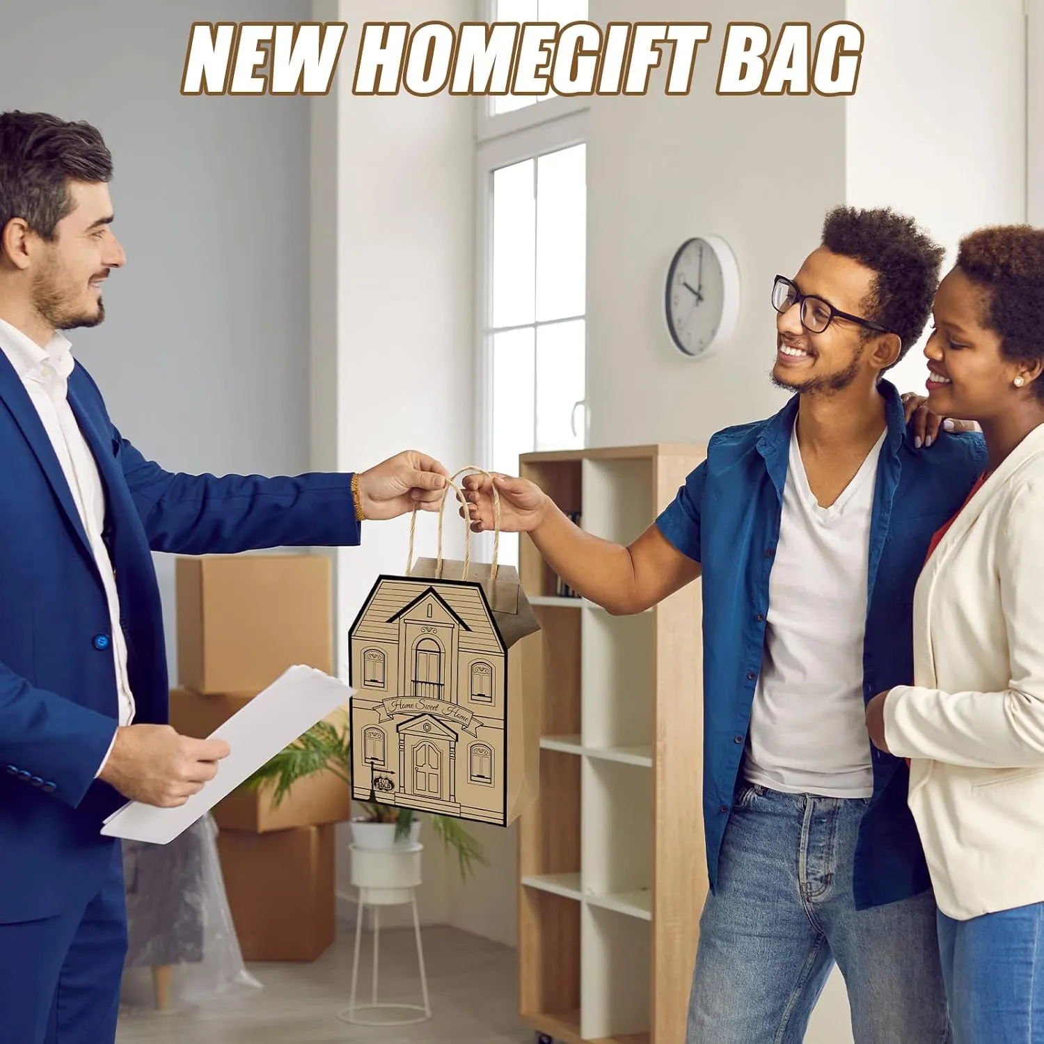 Colarr 50 Pcs Real Estate Agent Supplies House Shaped Gift Bag 5.25 x 3.25 x 8.25 Inch Real Estate Bag with Handles Kraft for Home Gift(Brown)