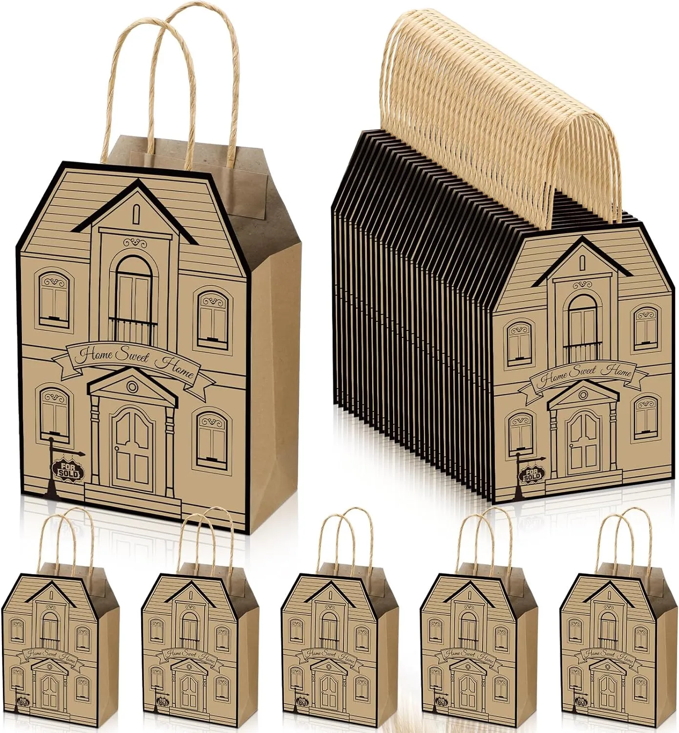 Colarr 50 Pcs Real Estate Agent Supplies House Shaped Gift Bag 5.25 x 3.25 x 8.25 Inch Real Estate Bag with Handles Kraft for Home Gift(Brown)
