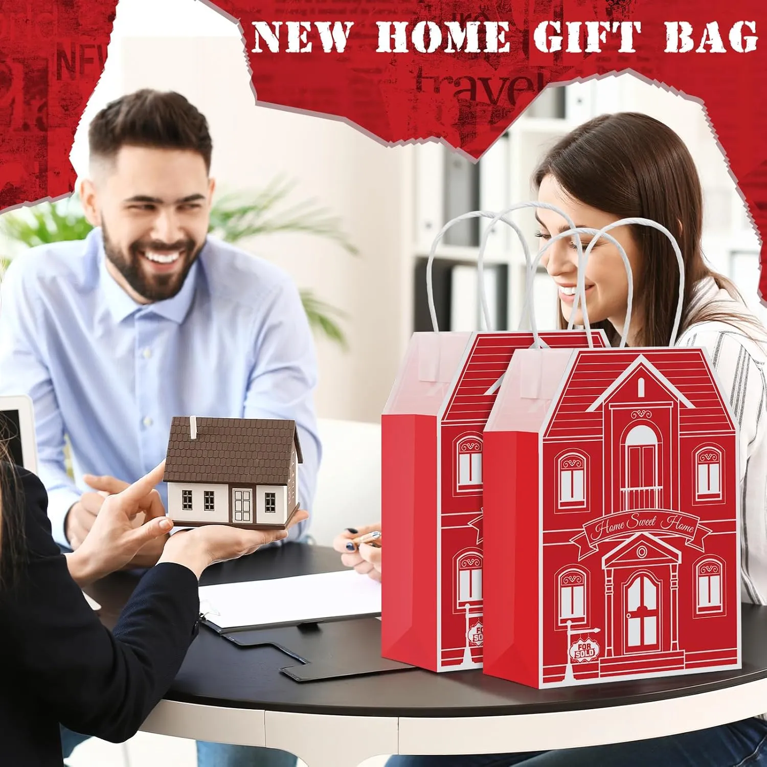 Colarr 50 Pcs Real Estate Agent Supplies House Shaped Gift Bag 5.25 x 3.25 x 8.25 Inch Real Estate Bag with Handles Kraft for Home Gift(Red)