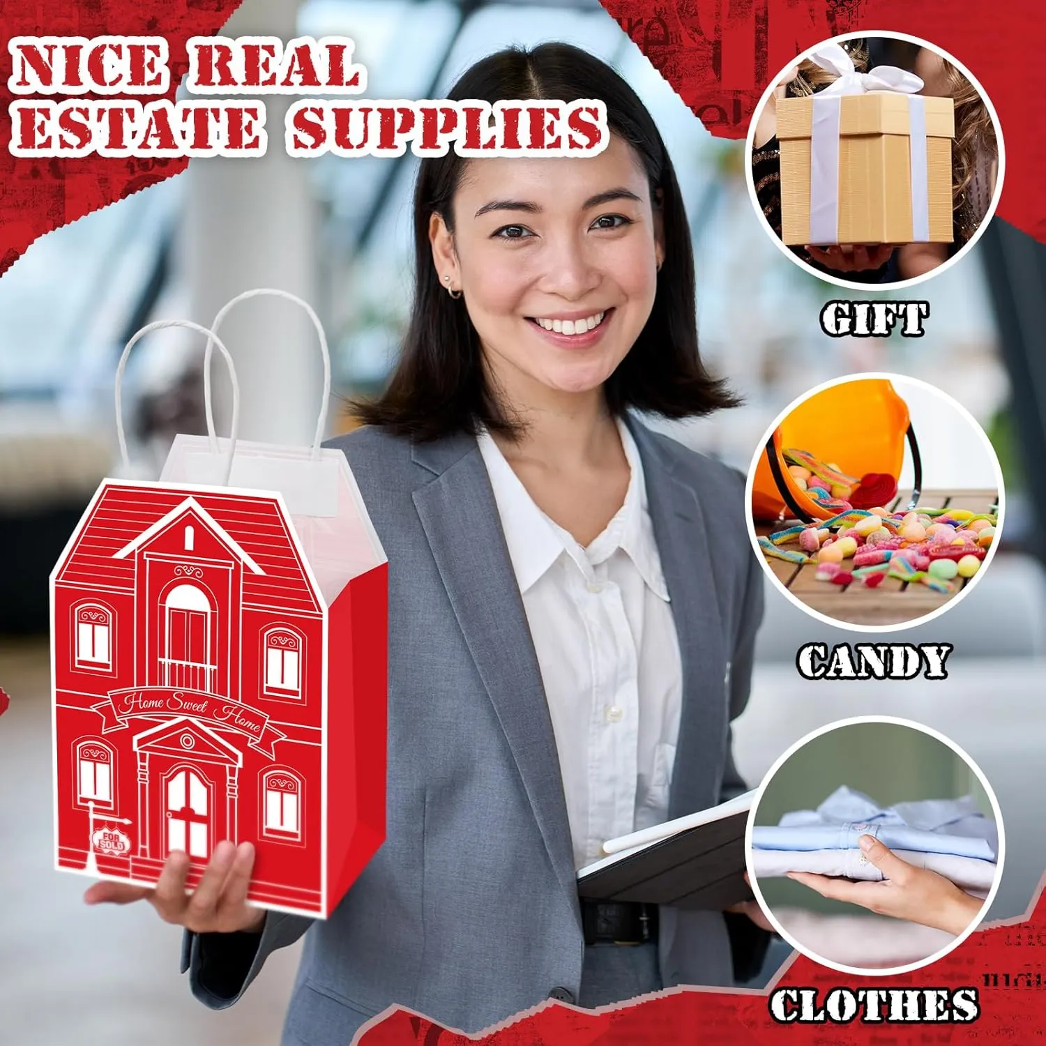 Colarr 50 Pcs Real Estate Agent Supplies House Shaped Gift Bag 5.25 x 3.25 x 8.25 Inch Real Estate Bag with Handles Kraft for Home Gift(Red)
