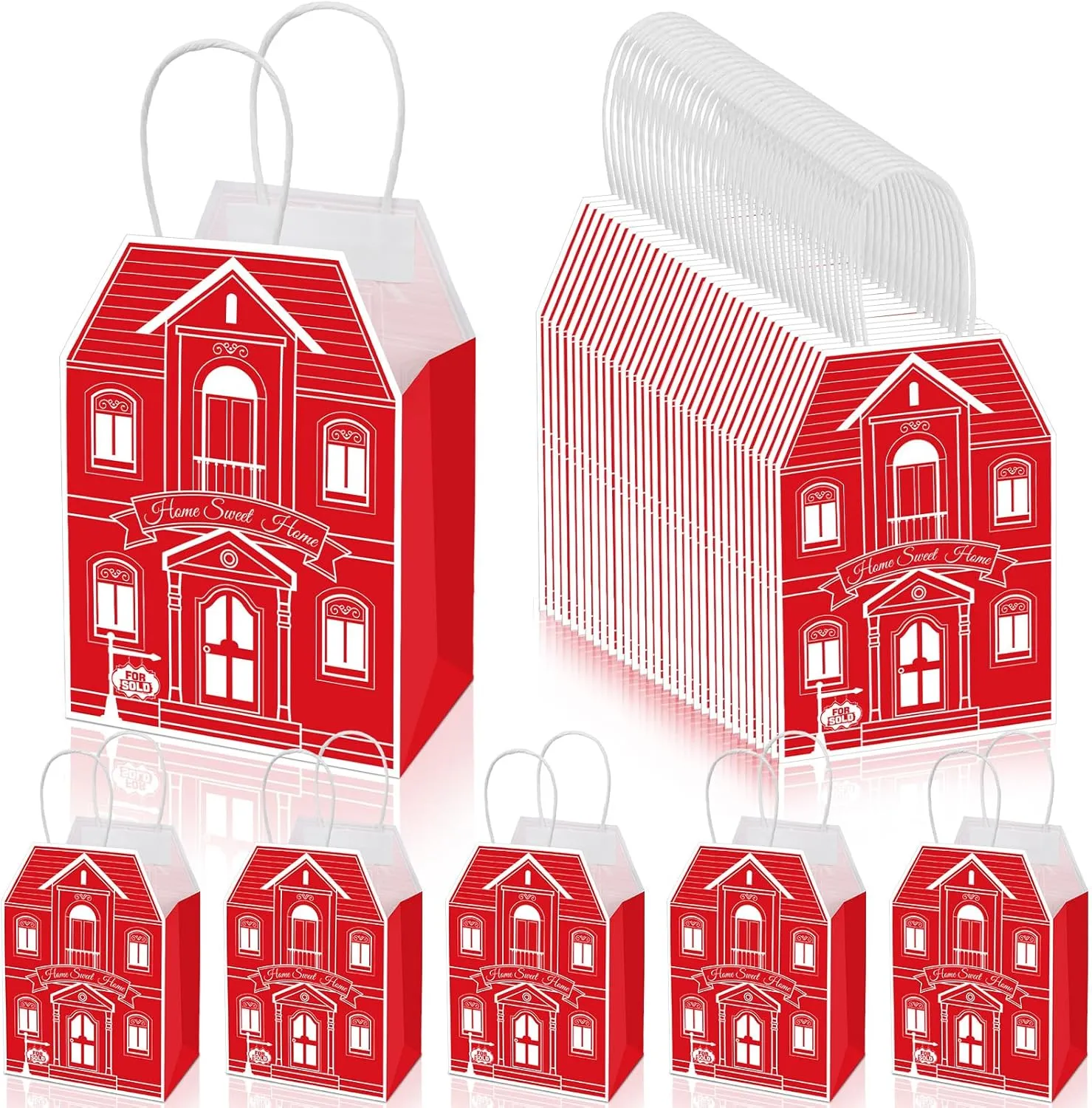 Colarr 50 Pcs Real Estate Agent Supplies House Shaped Gift Bag 5.25 x 3.25 x 8.25 Inch Real Estate Bag with Handles Kraft for Home Gift(Red)