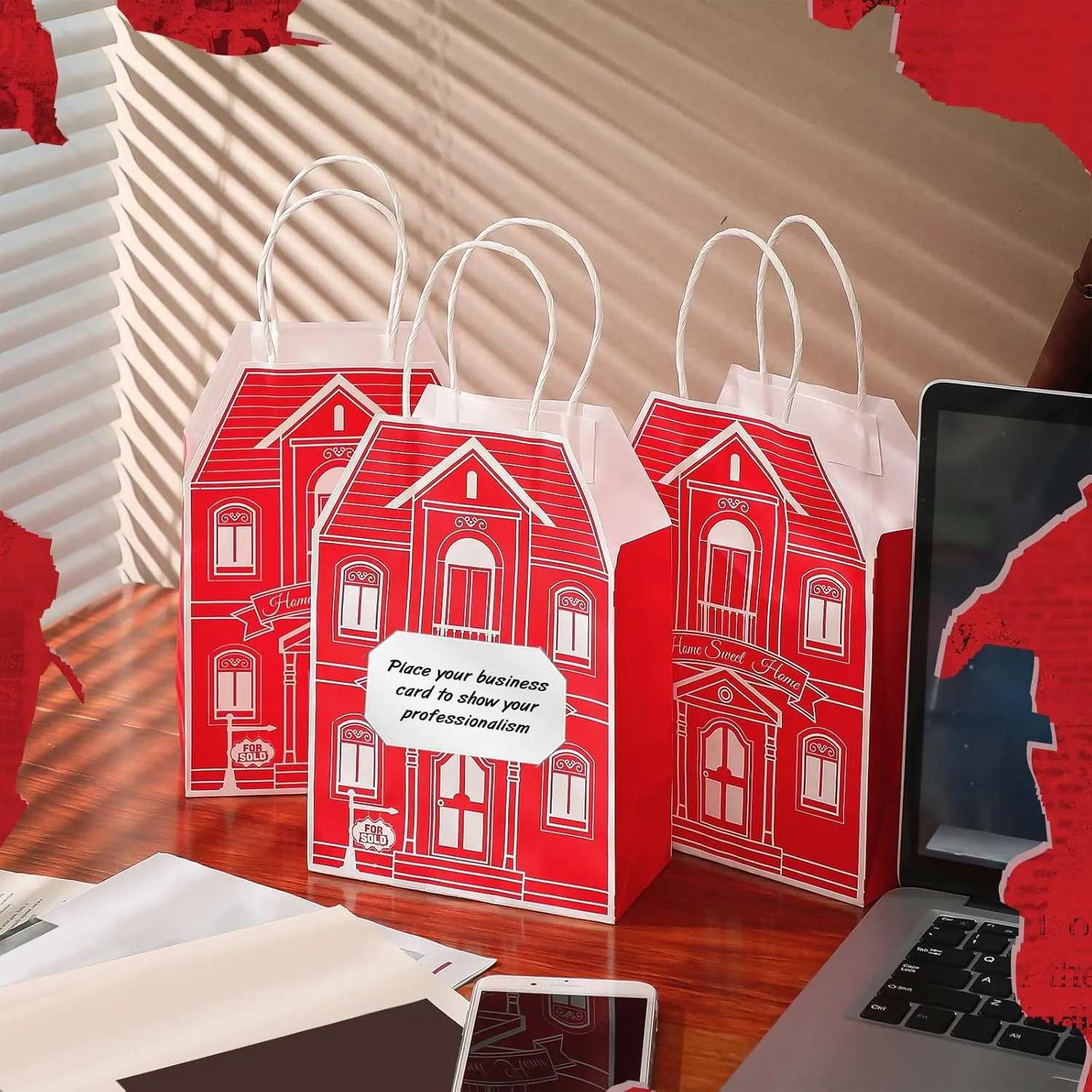 Colarr 50 Pcs Real Estate Agent Supplies House Shaped Gift Bag 5.25 x 3.25 x 8.25 Inch Real Estate Bag with Handles Kraft for Home Gift(Red)