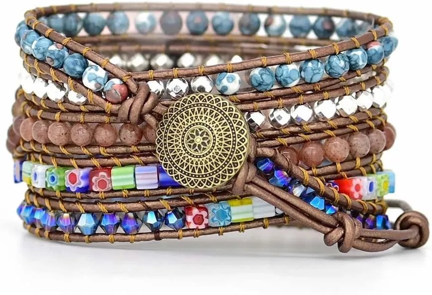 Compatible with Fitbit Versa/Versa 2/Versa Lite/Versa SE Bands Boho Beads Bracelets,Multilayer 5 Wraps Chakra Leather Handmade Braided Stone Love Heart Floral Rope Watch Strap for Women Men