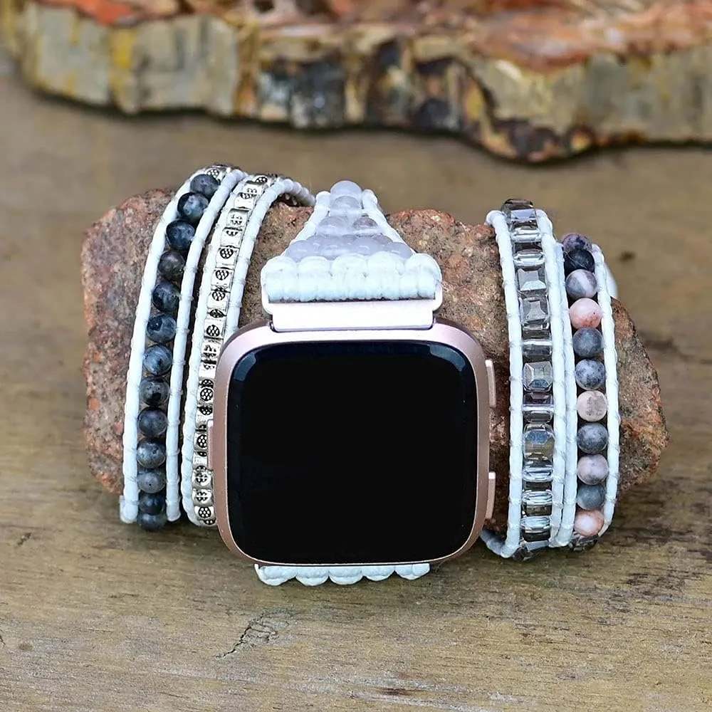 Compatible with Fitbit Versa/Versa 2/Versa Lite/Versa SE Bands Boho Beads Bracelets,Multilayer 5 Wraps Chakra Leather Handmade Braided Stone Love Heart Floral Rope Watch Strap for Women Men