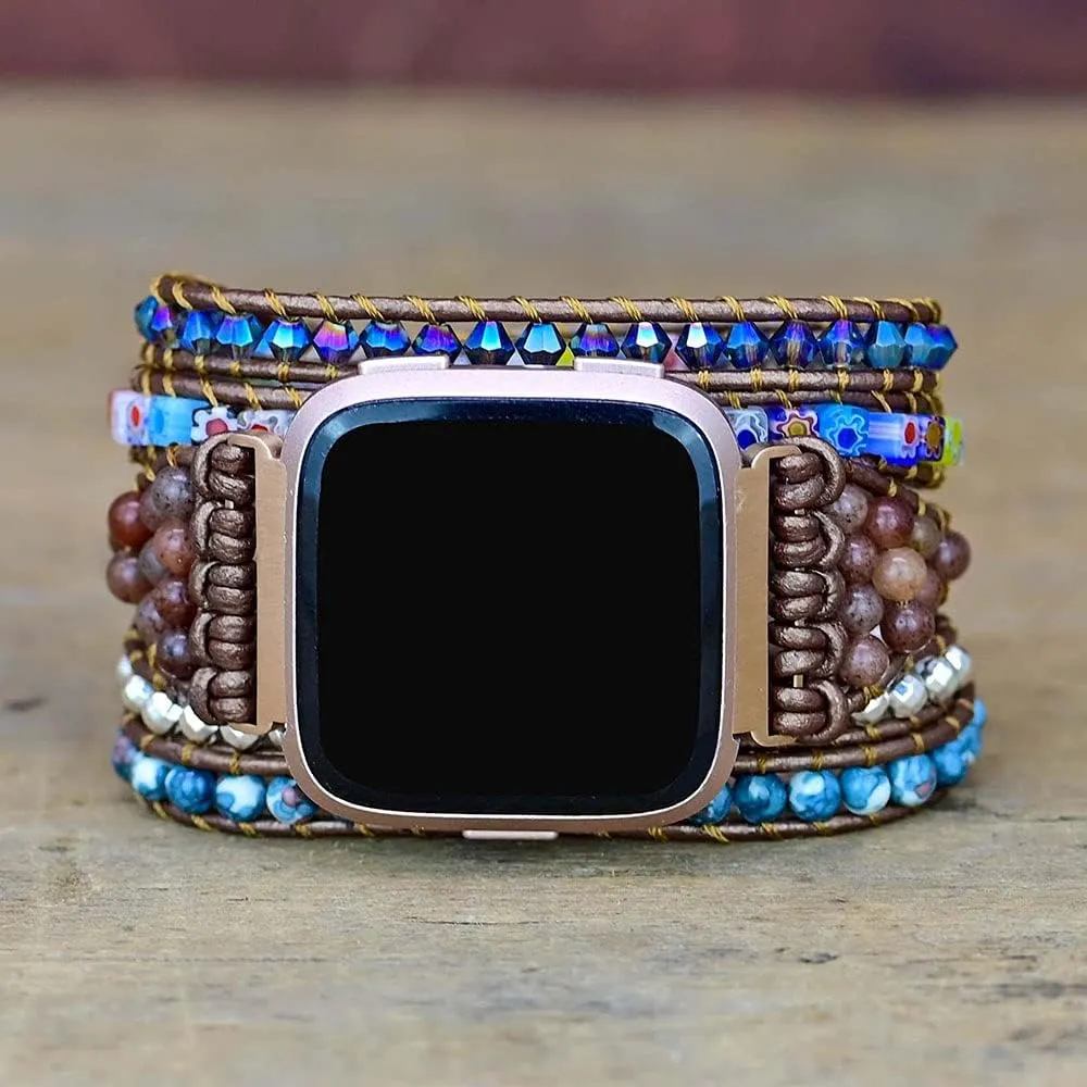 Compatible with Fitbit Versa/Versa 2/Versa Lite/Versa SE Bands Boho Beads Bracelets,Multilayer 5 Wraps Chakra Leather Handmade Braided Stone Love Heart Floral Rope Watch Strap for Women Men
