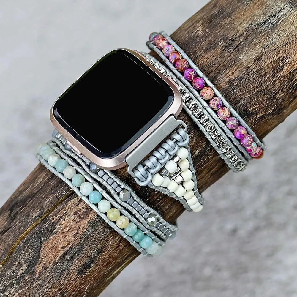 Compatible with Fitbit Versa/Versa 2/Versa Lite/Versa SE Bands Boho Beads Bracelets,Multilayer 5 Wraps Chakra Leather Handmade Braided Stone Love Heart Floral Rope Watch Strap for Women Men